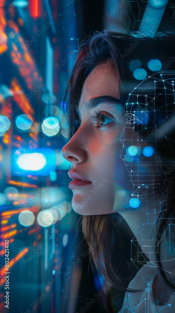 A woman is looking at a computer screen with a blurry face A woman is looking at a computer screen with a blurry face
