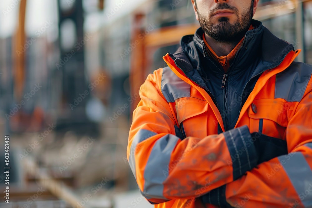 Worker in safety vest standing on blurred building background Worker in safety vest standing on blurred building background