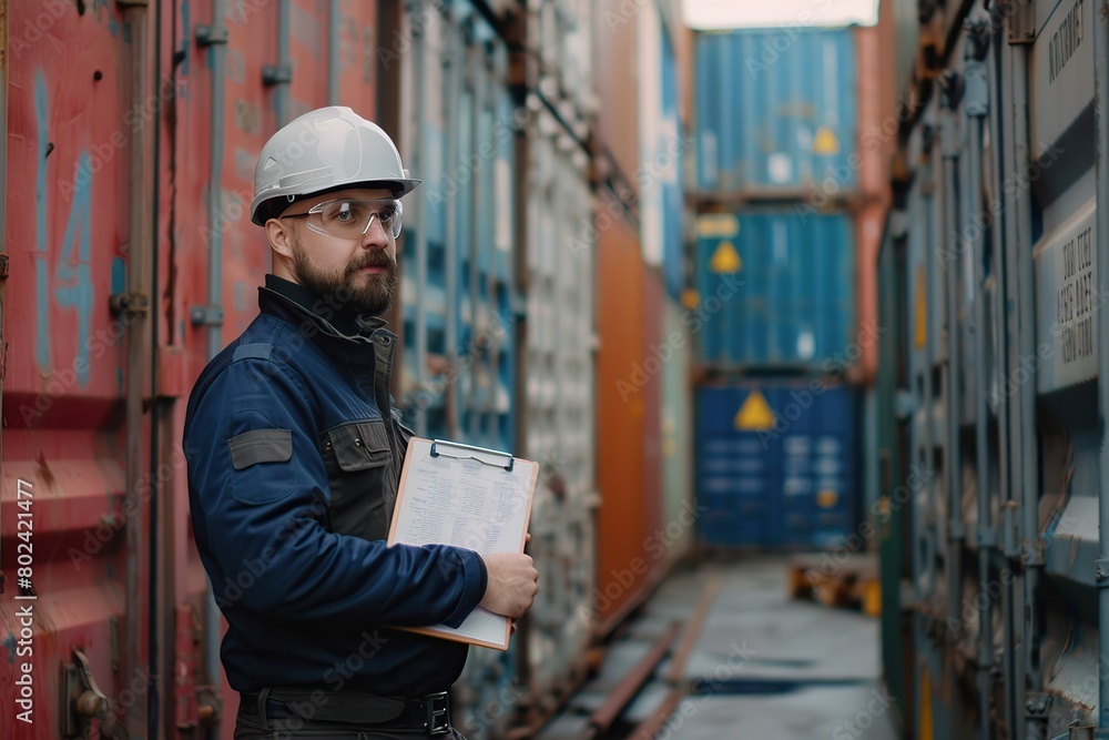 Male worker in uniform holding clipboard and standing on containers yard Male worker in uniform holding clipboard and standing on containers yard