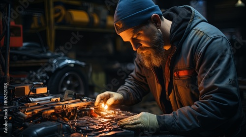 Man Working on Machine in Garage. Generative AI