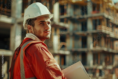 Portrait of young worker in helmet and safety vest standing on blurred building background