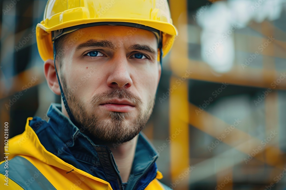 Portrait of young worker in helmet and safety vest standing on blurred building background Portrait of young worker in helmet and safety vest standing on blurred building background