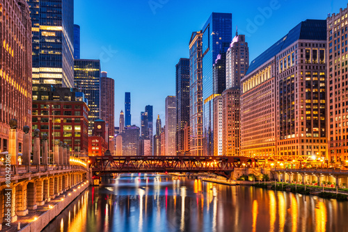 Chicago Downtown Cityscape with Chicago River at Dusk photo