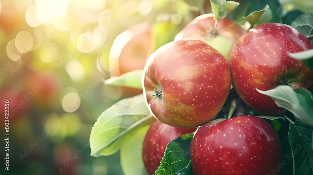 Fresh ripe red apples hanging on branches in sunlight. Natural organic produce on tree. Harvesting fruits in orchard. Healthy eating concept. AI Fresh ripe red apples hanging on branches in sunlight. Natural organic produce on tree. Harvesting fruits in orchard. Healthy eating concept. AI
