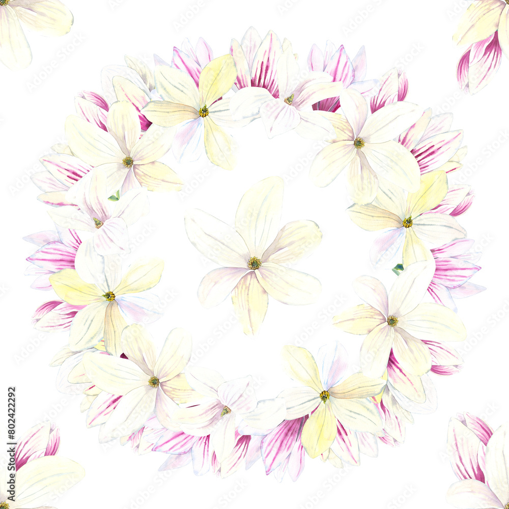 Seamless pattern of watercolor Magnolia blooming flowers wreath. Botanical hand painted floral elements. Hand drawn illustration. On  white background. For fabric, wrapping paper, wallpaper decoration