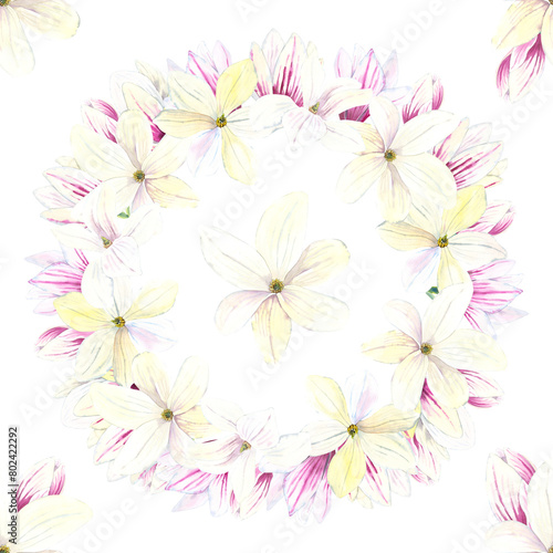 Seamless pattern of watercolor Magnolia blooming flowers wreath. Botanical hand painted floral elements. Hand drawn illustration. On white background. For fabric, wrapping paper, wallpaper decoration