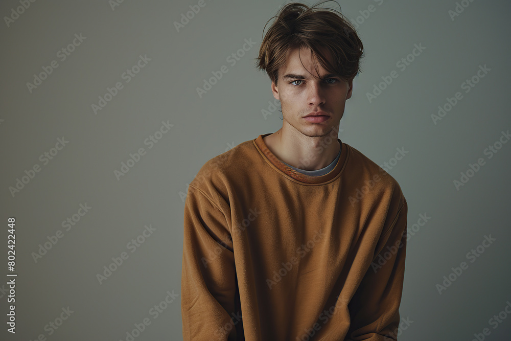 Young attractive man in sweatshirt on grey background