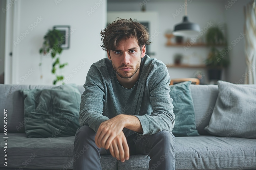 Portrait of depressed young man sitting at home Portrait of depressed young man sitting at home