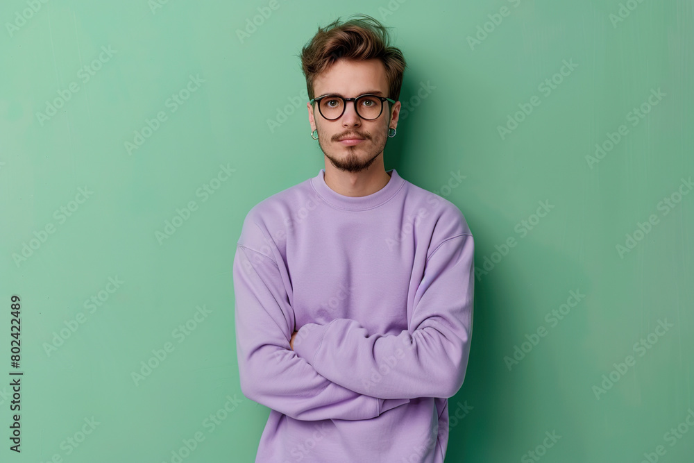 Young attractive man in sweatshirt on green background Young attractive man in sweatshirt on green background