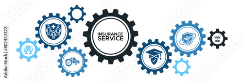 Vector illustration concept of insurance services banner web icon with icons for family, car, education, health, business, and travel insurance