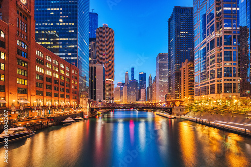 Chicago Downtown Cityscape with Chicago River at Dusk photo