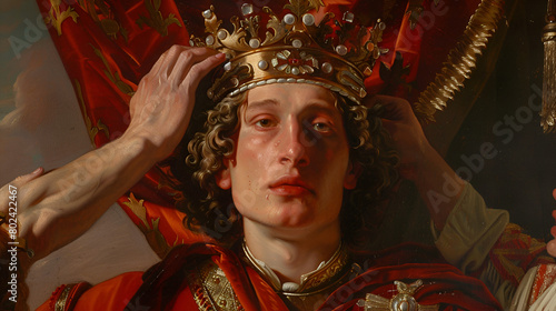 renaissance painting semi-close up of a plantagenet english king being coronated © AlazySM