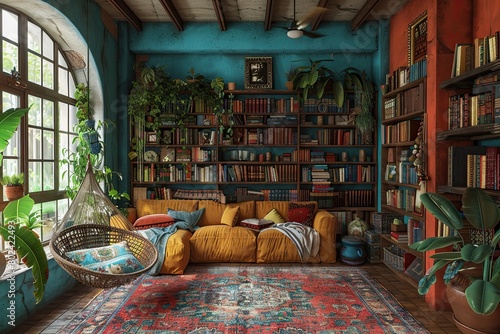 Bohemian living room with mismatched colorful accent walls and overflowing bookshelves, featuring a cozy hammock strung across one corner and a worn Persian rug anchoring the seating area, photo