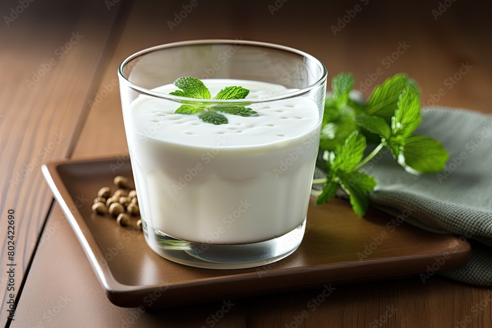 Glass of Milk on Wooden Tray. Generative AI Glass of Milk on Wooden Tray. Generative AI