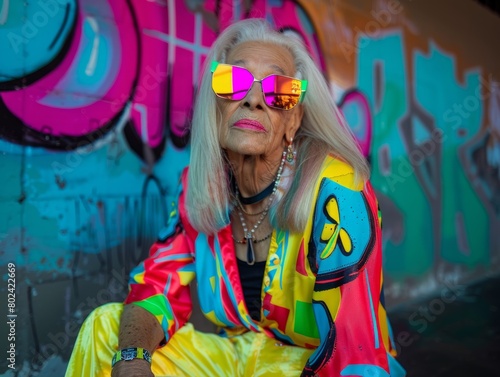 Old Latino Woman with Blond Straight Hair neon style Illustration.