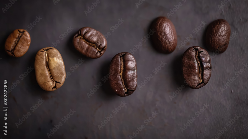 Naklejka premium macro shot of coffee beans at different stages of roasting on a dark surface