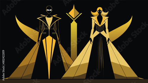A striking contrast of black and gold the colors of power and royalty seen in sleek leather jackets and extravagant gowns adorned with intricate gold. Vector illustration