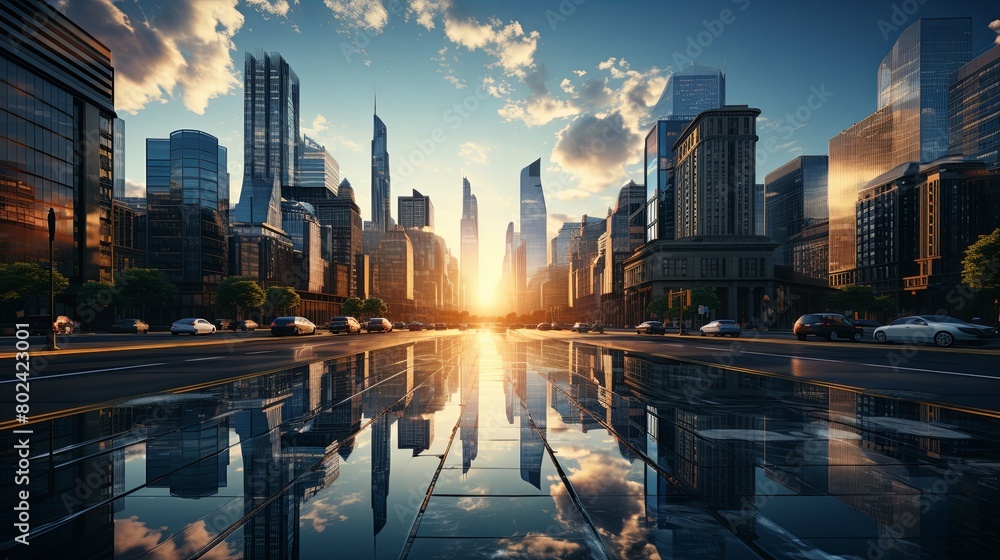 Fototapeta premium Sun Setting Over Cityscape With Tall Buildings. Generative AI