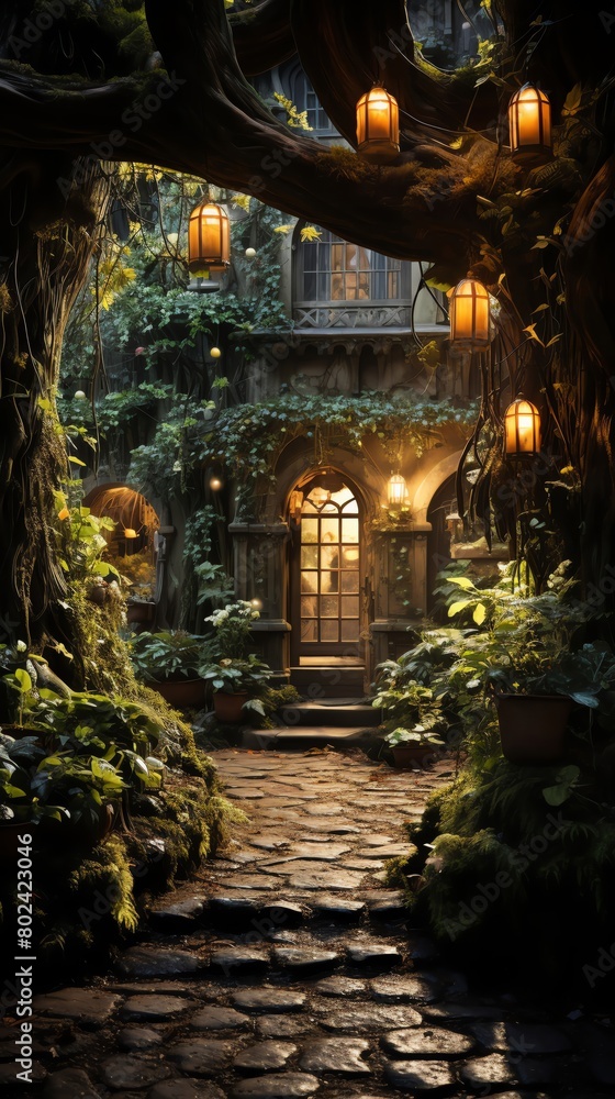 Fototapeta premium Mystical stock photo of a secret garden gate that opens to reveal a glowing, enchanted world, inviting whimsy and exploration