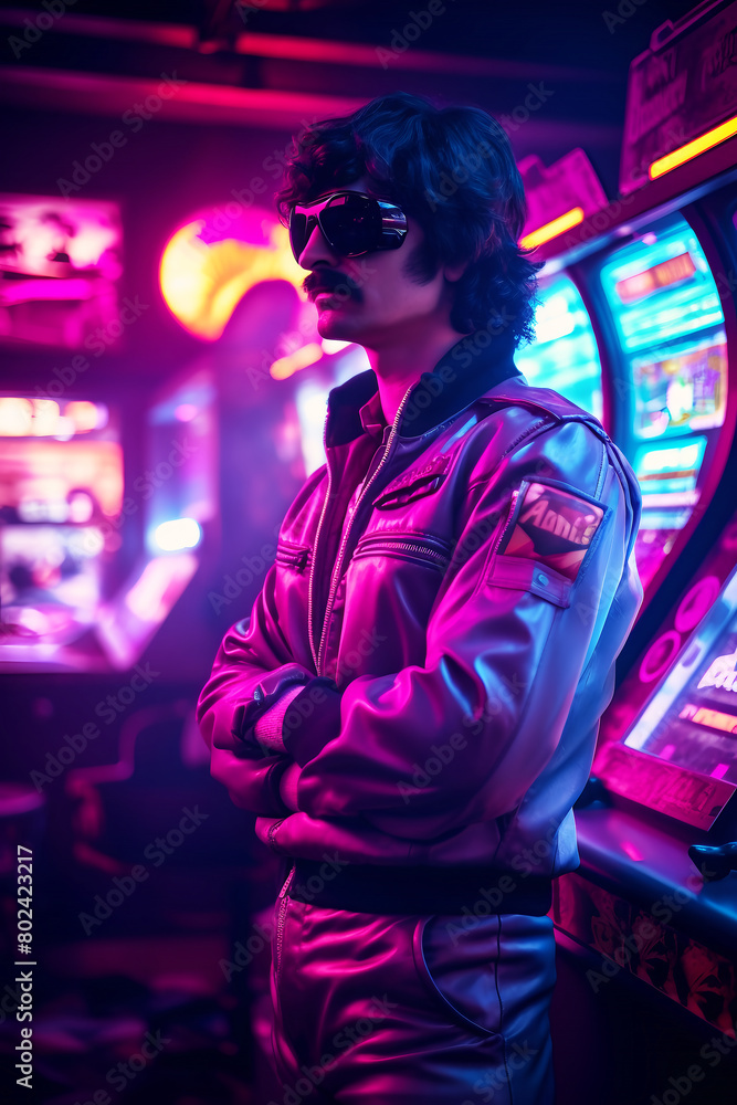a cool man in a neon arcade generative ai