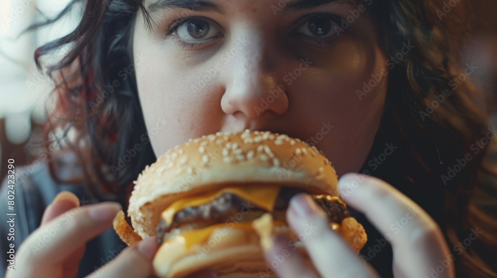 obesity problem, woman eating hamburger obesity problem, woman eating hamburger