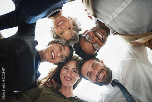 Fotografie Business people, huddle and face with smile together for company support, trust and collaboration
