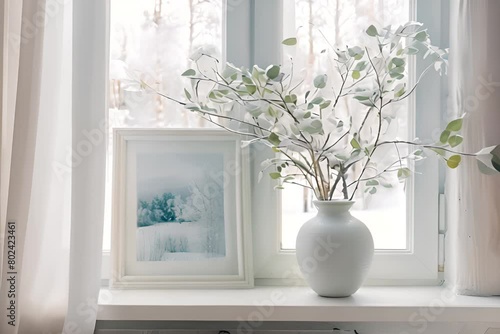 A delicate vase adorns the tall white window located outside the cool room. photo