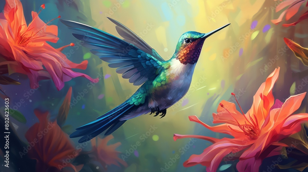 Obraz premium A colorful hummingbird is in flight among vibrant flowers, with its wings outstretched and bright colors shining in the light.
