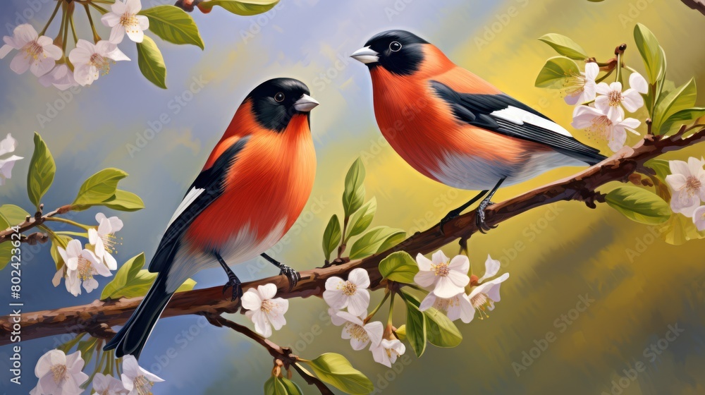 Two red bullfinches sit on a tree branch with white flowers and green leaves. The background is a mixture of blue and yellow.