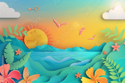 Summer background with beach vacation holiday theme with pink wave layer and copy space,Vector Top view paper cut of tropical summer design, palm leaves and cloud on blue sky background