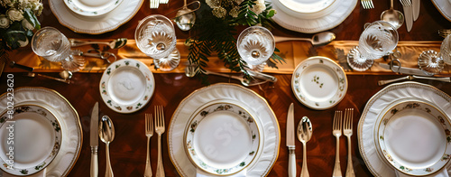 glasses and white plates table setting in the interior of the restaurant The decorate of the festive table In wooden color tones with gold cutlery. Luxury wedding, party, birthday.