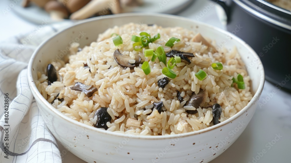 black spoon rice adorned with mushrooms and greens, elegantly presented on the table, with noodles arranged in a captivating photography style in the foreground. black spoon rice adorned with mushrooms and greens, elegantly presented on the table, with noodles arranged in a captivating photography style in the foreground.