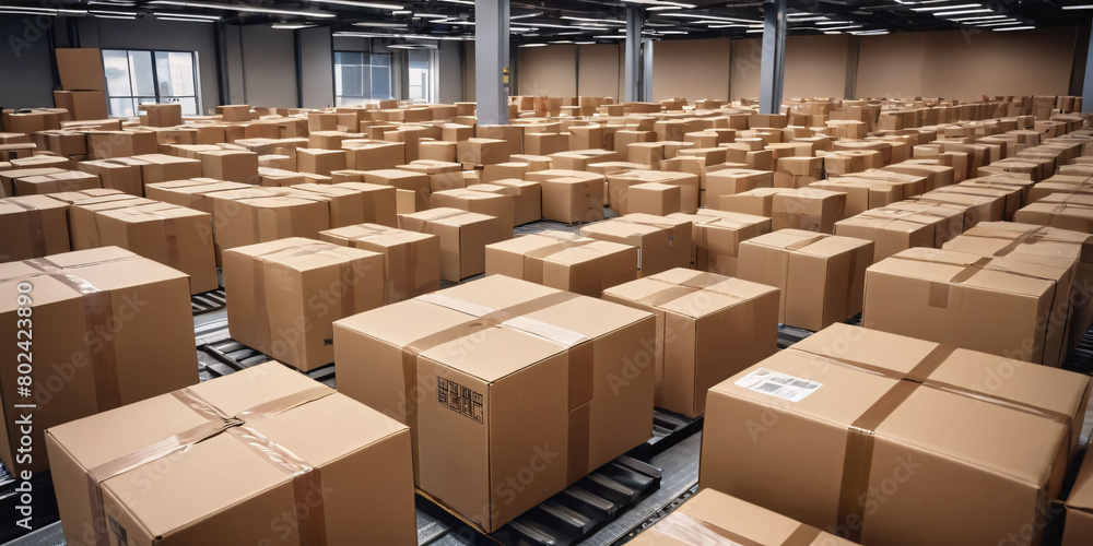 modern warehouse logistics system featuring a conveyor belt transporting cardboard boxes modern warehouse logistics system featuring a conveyor belt transporting cardboard boxes
