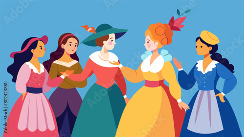 Dressed in colorful colonial dresses actresses reenact the role of loyalist women trying to persuade their husbands not to join the rebellion.. Vector illustration