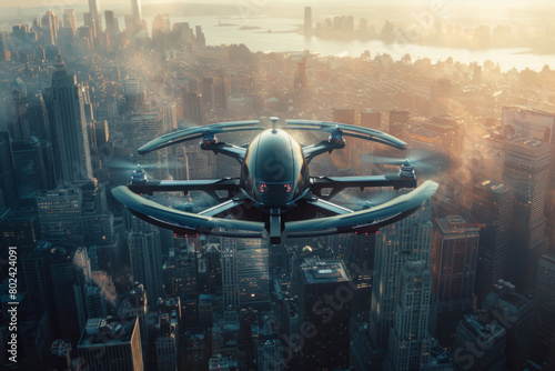 Futuristic future city with flying passenger drone, aerial view of flying drone