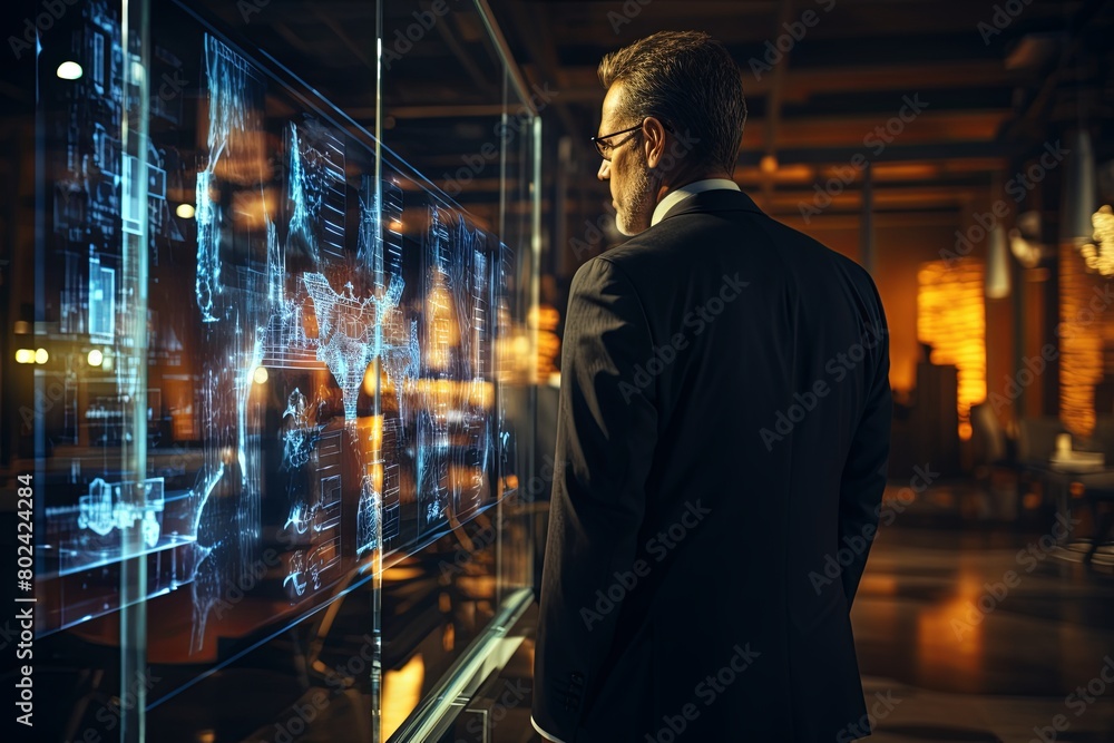 Man Standing in Front of Glass Wall. Generative AI Man Standing in Front of Glass Wall. Generative AI