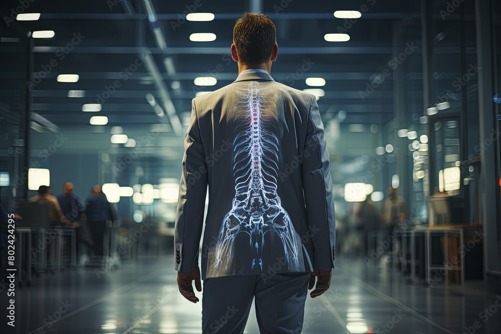 Fototapeta premium Man in Suit With Skeleton Back. Generative AI