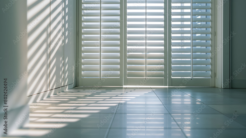 Obraz premium Soft sunlight streams through window shutters, casting geometric shadows on the white tiled floor of a serene room.