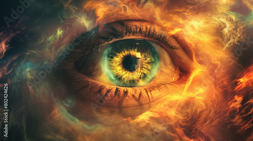 Surreal eye enhanced with artistic elements of fire and ice, creating a striking contrast of warm and cool colors. © RISHAD