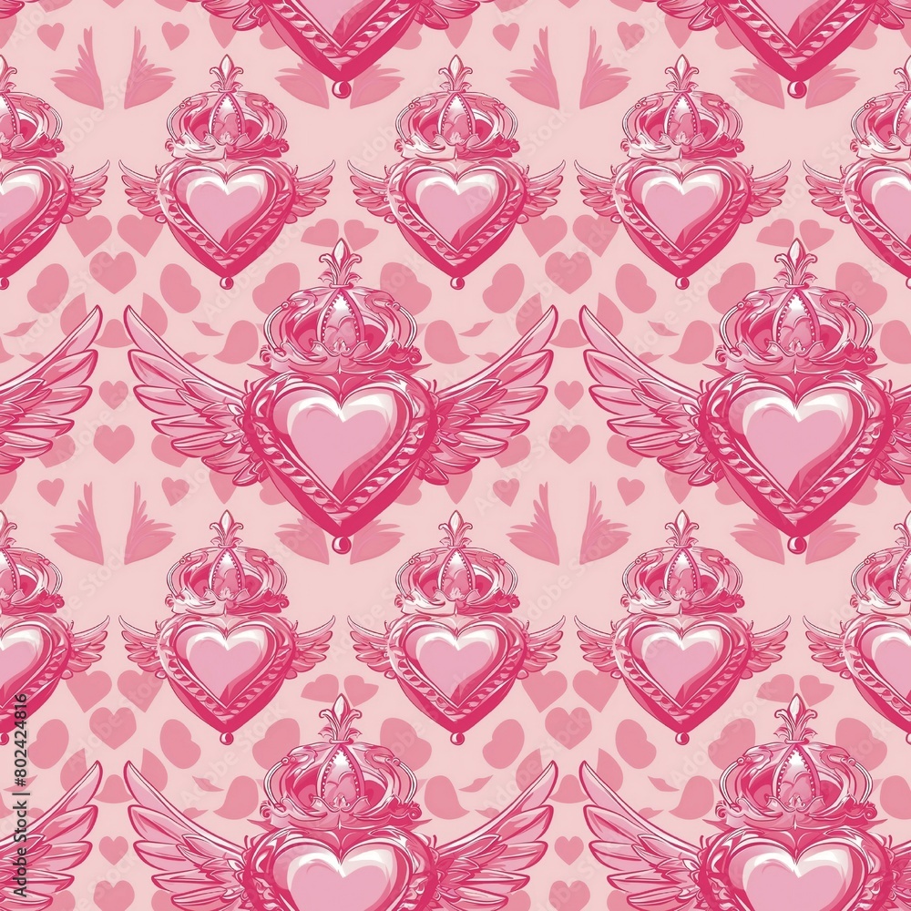 Pink heart with wings, diamond crown, fabric pattern, pink, elegance and vitality, textile, design, fashion and background. Pink heart with wings, diamond crown, fabric pattern, pink, elegance and vitality, textile, design, fashion and background.