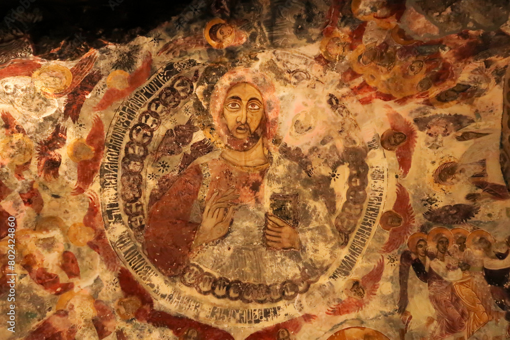 Christ Pantocrator Fresco, colorful ceiling painting, fresco, wall painting of Jesus, inside the Rock Church at Sumela, Sümela Monastery, Trabzon, Turkey
