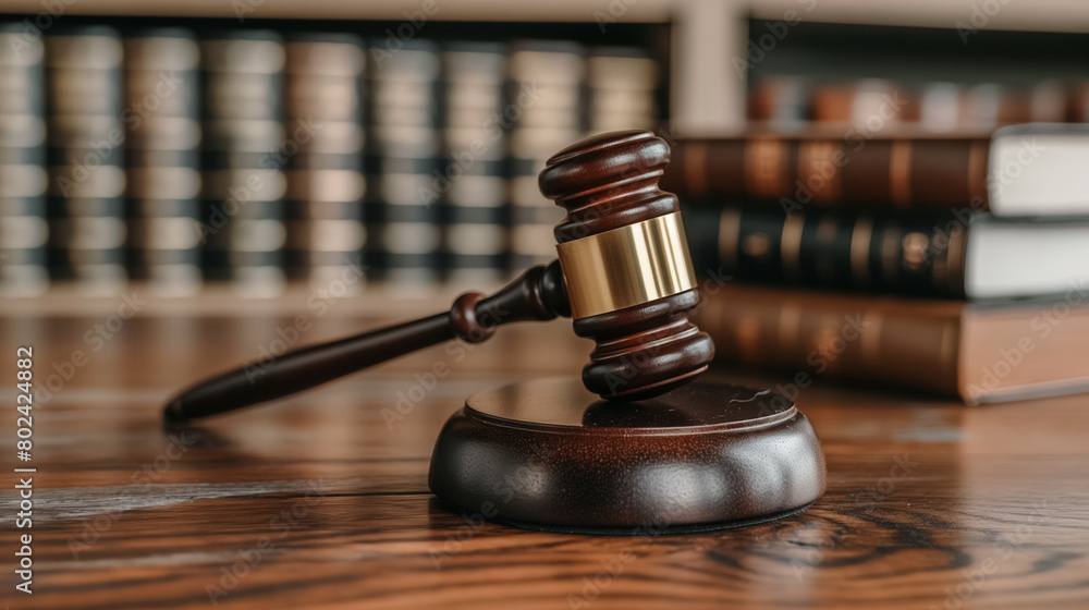 Wooden judge's gavel rests on a polished desk, accompanied by a row of law books in the background, symbolizing justice and law. Wooden judge's gavel rests on a polished desk, accompanied by a row of law books in the background, symbolizing justice and law.