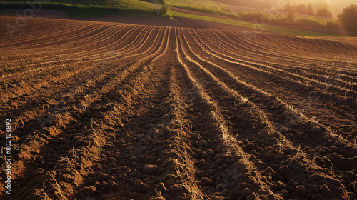 Warm sunset light casts long shadows over freshly ploughed farmland, creating a serene and textured landscape.