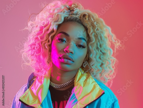 Teen Black Woman with Blond Curly Hair neon style Illustration.