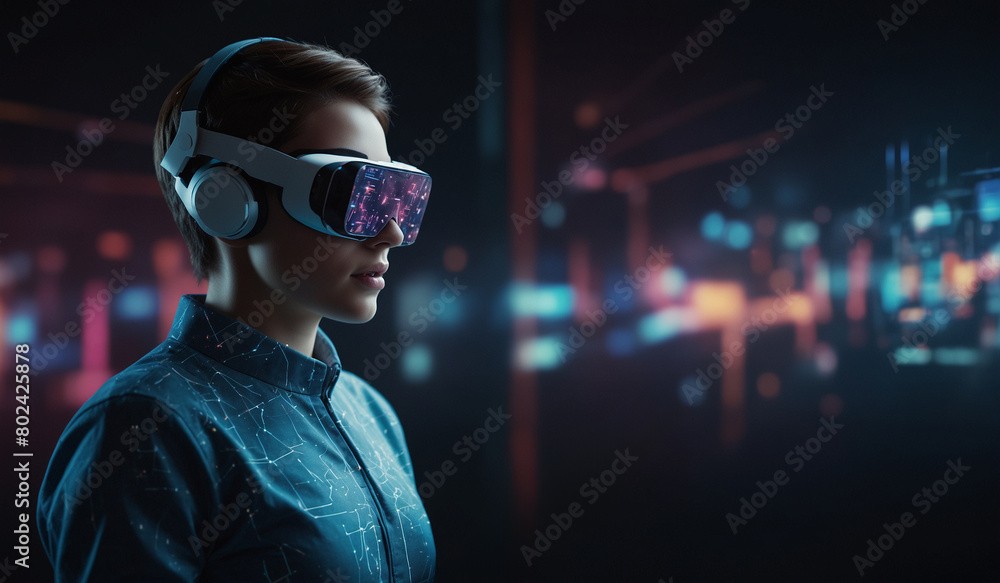 Person with VR headset in futuristic setting Person with VR headset in futuristic setting