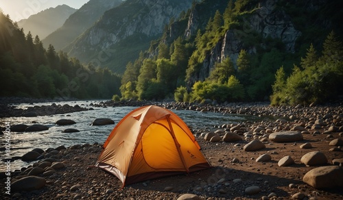 Orange tent by a river in a mountain forest at dusk