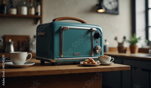 Retro toaster on a kitchen counter with coffee and waffles