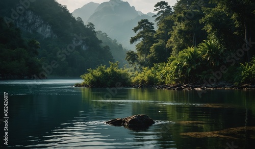 Serene river with lush forests and mountain backdrop