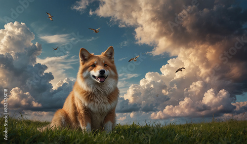 Smiling corgi with birds flying in cloudy sky