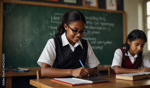 Students in uniform studying in a classroom